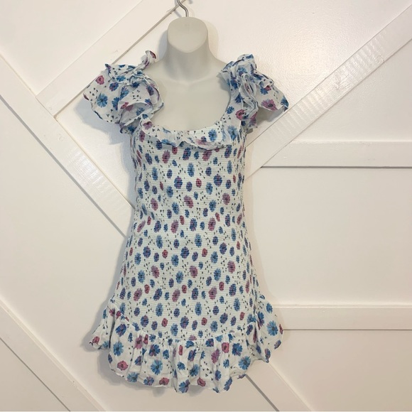 LoveShackFancy Kodie Floral Printed Smocked Off Shoulder Ruffle Mini Dress Sz M - Picture 3 of 8